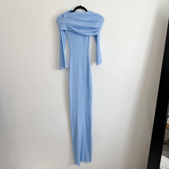 Ser.o.ya‎ | Galleria Rib Knit Off-Shoulder Semi-Sheer Maxi Dress in Powder Blue - Picture 7 of 9